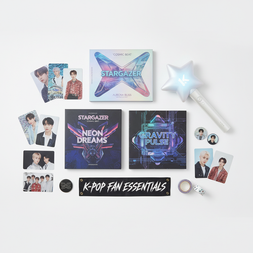 K-pop merchandise including albums, photocards, and lightstick