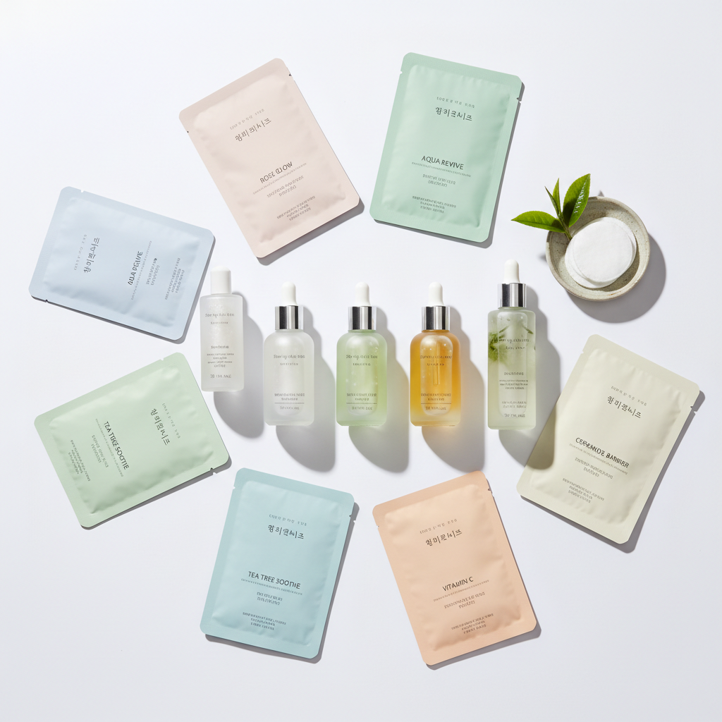 Korean beauty and skincare products including serums and sheet masks